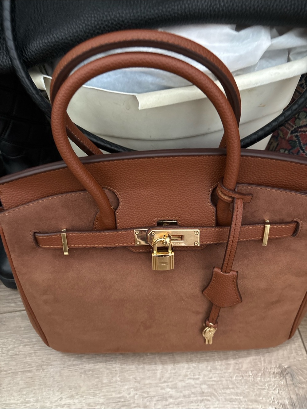 Hermes Brown Suede and Leather Top-Handle Satchel with Gold Hardware